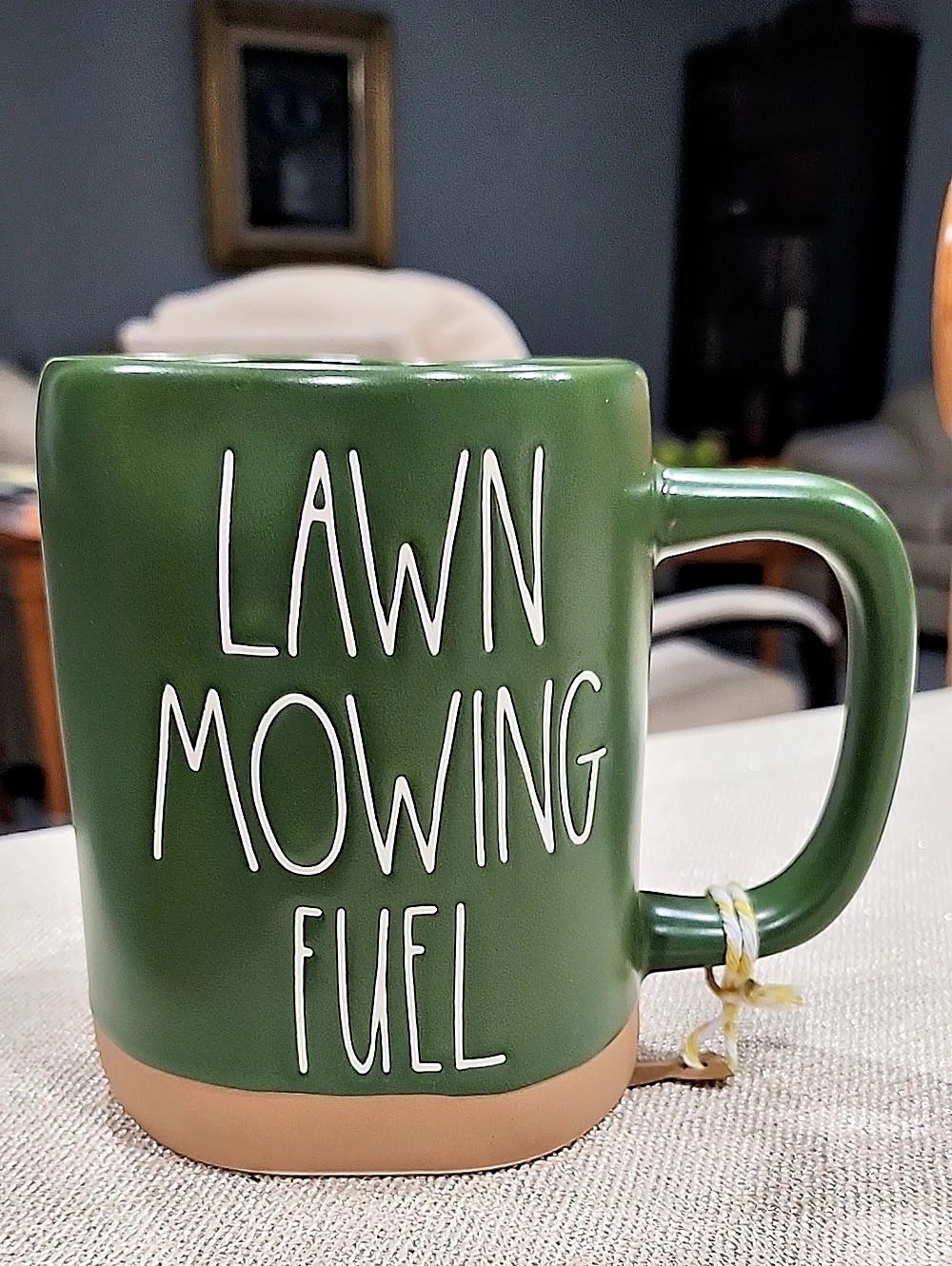 Rae Dunn Lawn Mowing Fuel Mug Green & Brown